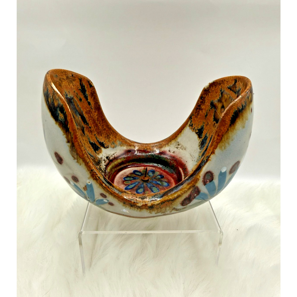 VTG Ken Edwards Mexican Tonala Hand Painted Pottery Boat-Shape Candle Holder
